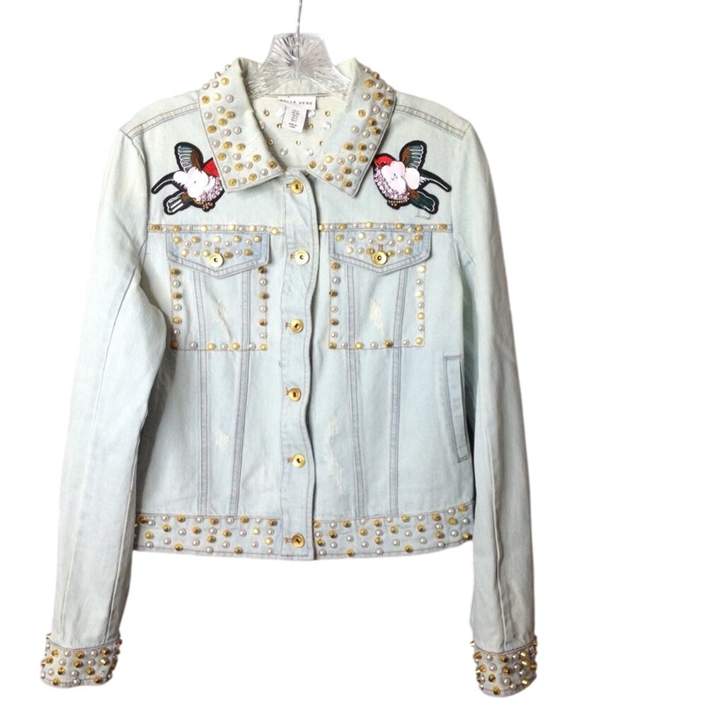 Belle Vere Gold Stud Embroidered Blue Denim Jacket Size Small